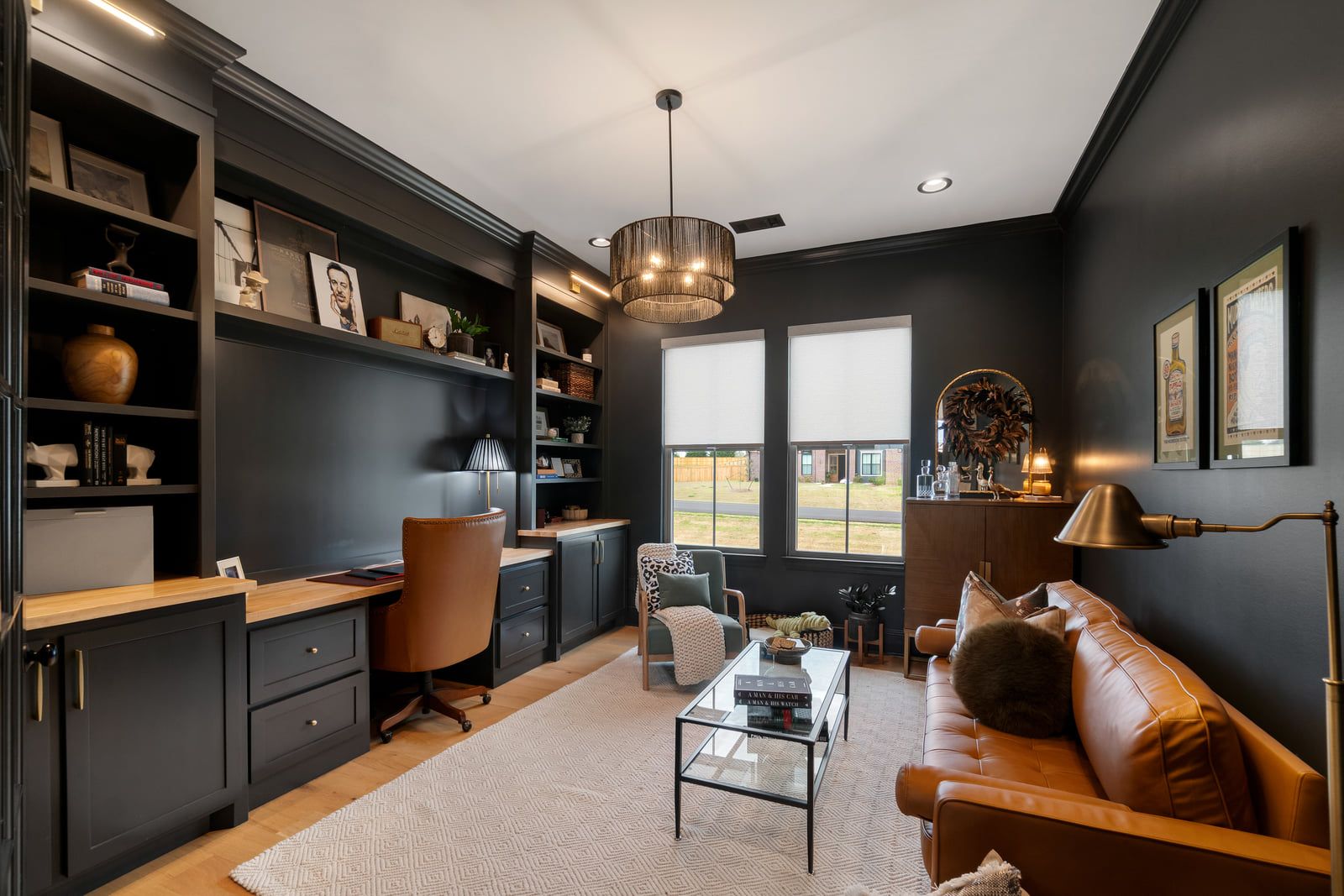 Study with charcoal built-ins and a butcher-block desk run.
