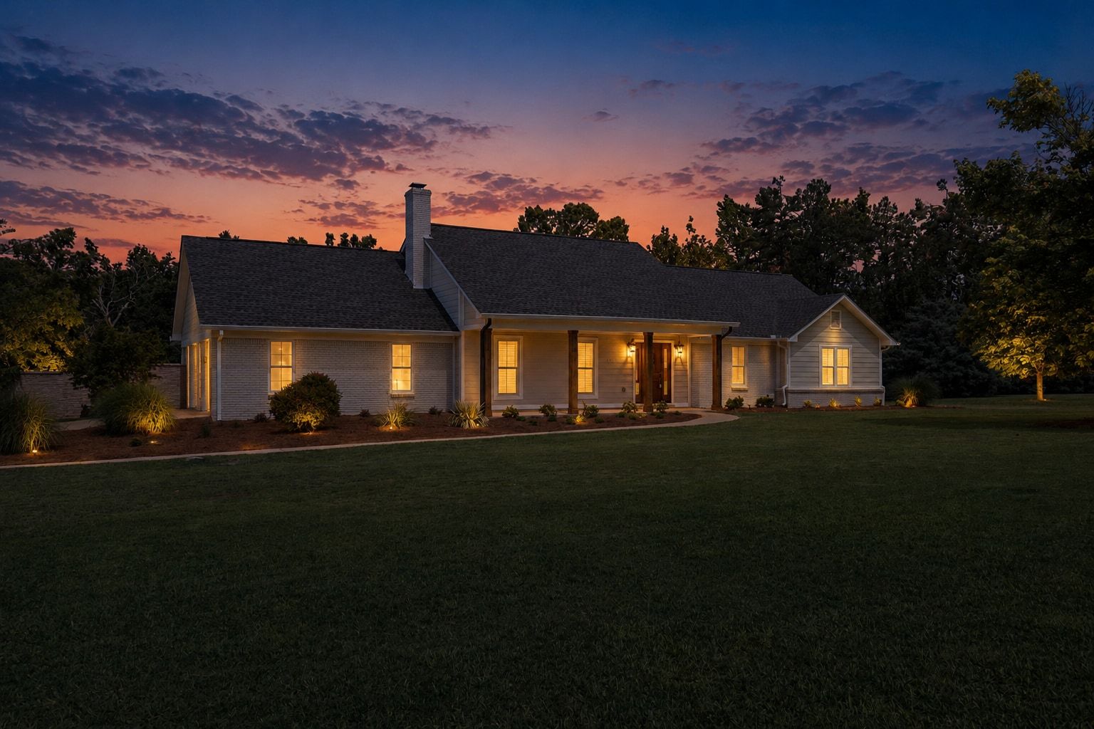 A single-storey brick and siding house at blue hour, every window lit warm, landscape lighting on, and the sky still holding orange over the treeline.